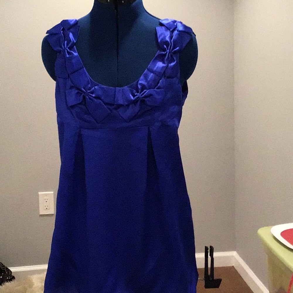 SINGLE electric blue silk top bow detail around neck